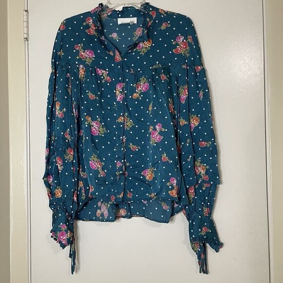 ANTHROPOLOGIE WELLESLEY BUTTON DOWN BLUE FLORAL BLOUSE TOP SIZE MEDIUM - Picture 2 of 9